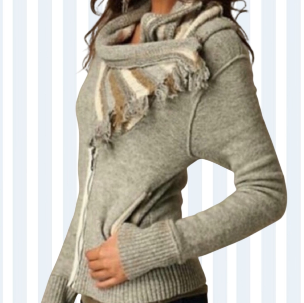 Free People Wool Shawl Knit Collar Zip Sweater